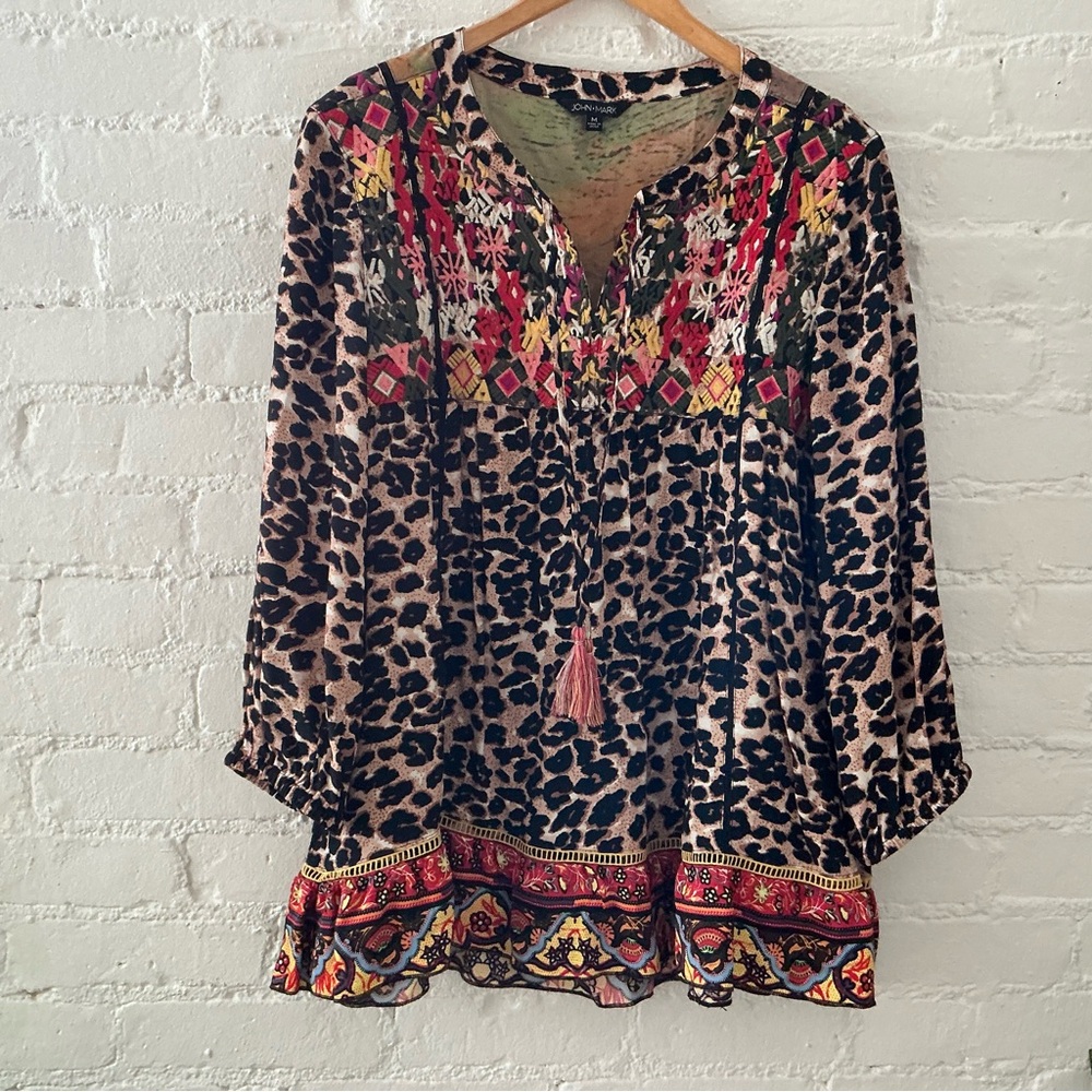 John Mark Artsy Mixed Print Embroidered Flowy Tunic Top Tassels Wearable Art M